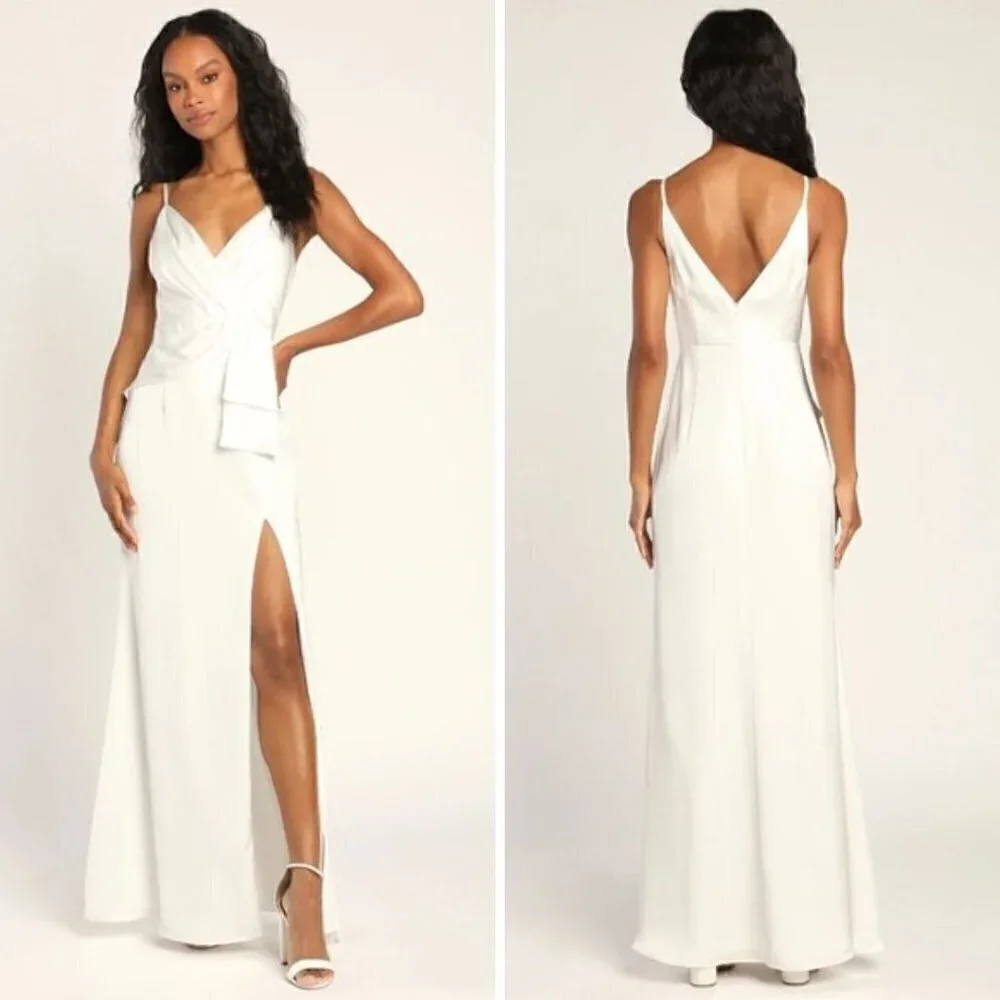 Lulu's First Dance Fit White Satin Sleeveless Mermaid Maxi Dress Size L NWT